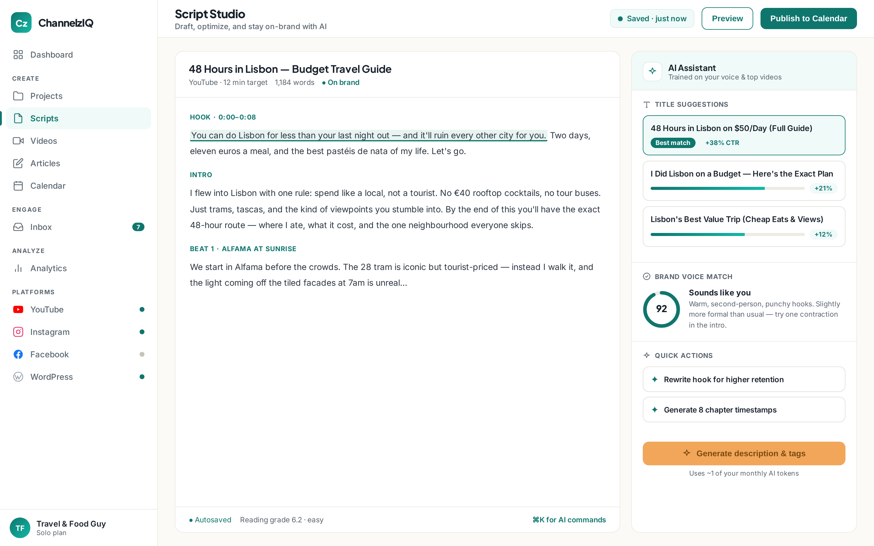 ChannelzIQ AI tools producing on-brand titles, descriptions and captions that match a defined brand voice.
